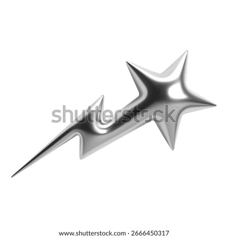 Chrome 3D star lightning bolt with glossy metallic surface in futuristic Y2K retrofuturistic style