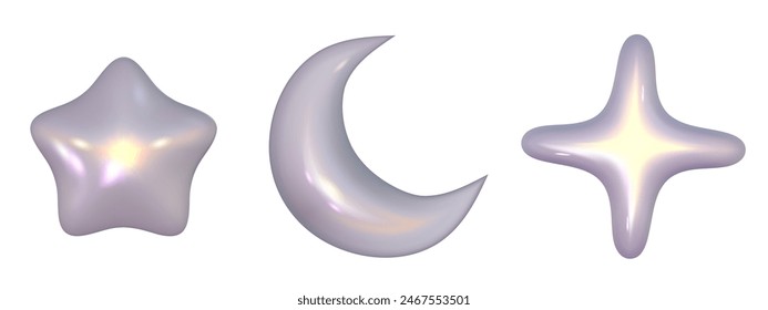 Chrome 3d star metal element. Silver and purple holographic shape. 3d chrome vector for futuristic and 90s design