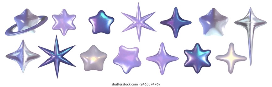 Chrome 3d star set metal element. Silver and purple holographic shape. 3d chrome vector for futuristic and 90s design