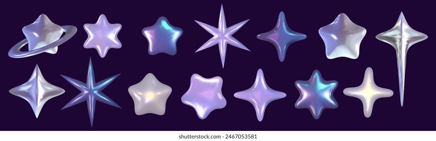 Chrome 3d star set metal element. Silver and purple holographic shape. 3d chrome vector for futuristic and 90s design