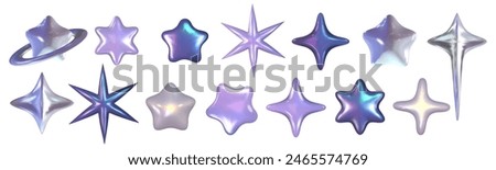 Chrome 3d star set metal element. Silver and purple holographic shape. 3d chrome vector for futuristic and 90s design