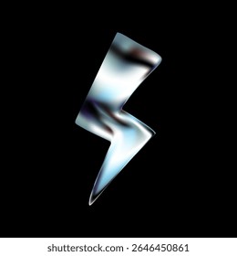 Chrome 3D thunderbolt lightning icon in Y2K style. Metallic silver arrow with electric flash and shock effect. Glossy holographic render with futuristic energy. Vector design on dark background.