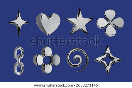 Chrome 3D Y2K shape icon with design in heart star or flower styles. Swirl metallic digital button for link or future UI art. Shiny techno accessory for interfaces.