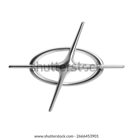 Chrome abstract 3D shape with glossy metallic surface in futuristic Y2K retrofuturistic style, featuring oval ring and star cross form
