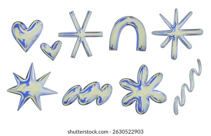 Chrome Abstract Symbol and Shape. A chrome abstract symbol and shape collection featuring hearts stars flowers waves and bursts in smooth reflective style. Perfect for modern designs bold visuals