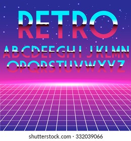 Chrome Alphabet in 80s Retro Futurism Style. Vector Illustration