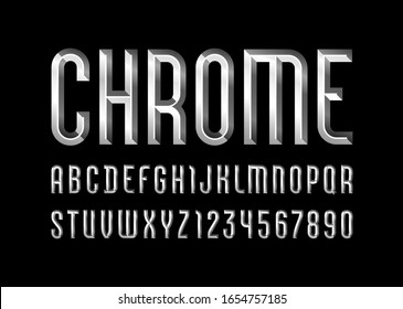 Chrome alphabet from chiseled block, font with effect of metallic, beveled letters and numbers, vector illustration 10EPS for you design