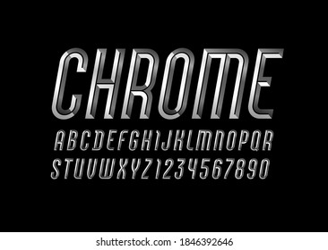 Chrome alphabet from chiseled block, font with effect of metallic, beveled italic letters and numbers, vector illustration 10EPS for you design