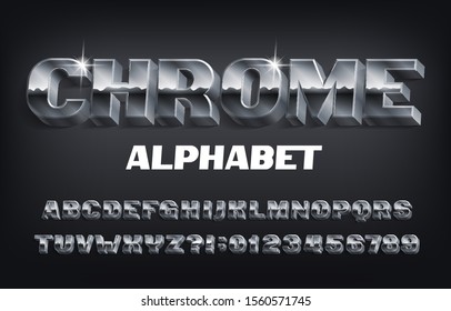 Chrome alphabet font. 3D effect bold metallic letters, numbers and symbols with shadow. Stock vector typescript for your design.