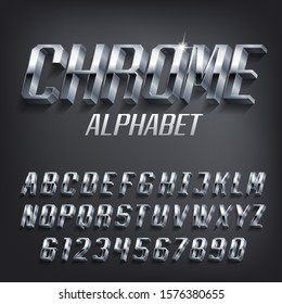 Chrome alphabet font. 3D effect geometric metallic letters and numbers with shadow. Stock vector typescript for your design.