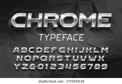 Fuente cromada del alfabeto. Letras y números de efecto metálico 3D con sombra. Antecedentes abstractos. Tipo vectorial de material para su diseño tipográfico.