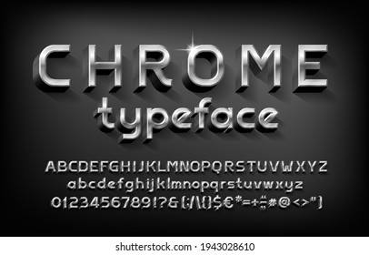 Chrome alphabet font. 3D metal letters, numbers and punctuation with shadow. Stock vector typeface for your typography design.