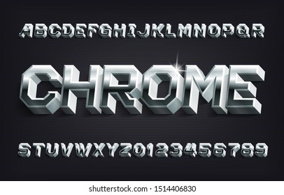 Chrome alphabet font. 3D Metallic letters and numbers with shadow. Stock vector typescript for your design.