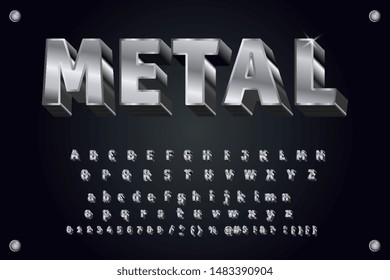 Chrome alphabet font. Metal effect italic letters and numbers. Stock vector typography for your design. Vector metal typeface 3d bold typography