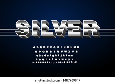 Chrome alphabet font. Metal effect italic letters and numbers. Stock vector typography for your design. Vector metal typeface 3d bold typography