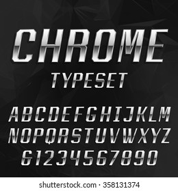 Chrome Alphabet Font. Metal Effect Letters And Numbers On The Dark Geometric Background. Vector Typeface For Headlines, Posters Etc.