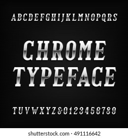 Chrome alphabet font. Metal effect italic letters and numbers on a dark background. Vector typeface for your design.