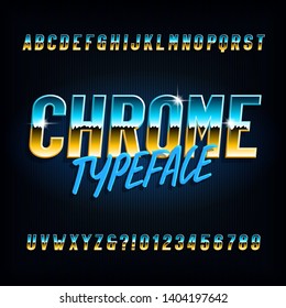 Chrome alphabet font. Metallic effect narrow letters and numbers on dark background. Stock vector typescript for your typography design.