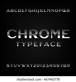 Chrome alphabet font. Metallic effect letters and numbers. Vector typeface for your design.