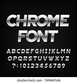 Chrome alphabet font. Metallic effect oblique letters and numbers on a dark background. Stock vector typeface for your headers or any typography design. Chrome alphabet font. Metallic effect oblique letters and numbers on a dark background. Stock vector typeface for your headers or any typography design.