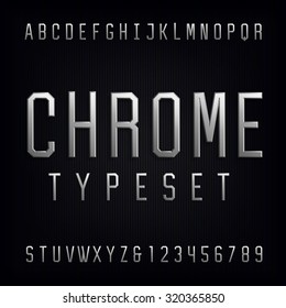 Chrome Alphabet Font. Type Letters, Numbers And Punctuation Marks. Beveled Metal Effect Symbols On Dark Background. Vector Typeset For Headlines, Posters Etc.