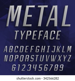 Chrome Alphabet Font. Type letters and numbers. Beveled metal effect symbols on the polygonal background. Vector typeface for headlines, posters etc.