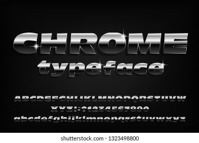 Chrome alphabet typeface. Chrome effect wide letters and numbers. Stock vector font for your typography design.
