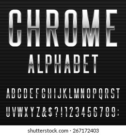 Chrome Alphabet Vector Font.
Type Letters, Numbers And Punctuation Marks. Metal Effect Letters On Dark Background.