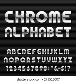 Chrome Alphabet Vector Font. Type letters, numbers and punctuation marks. Metal effect letters on dark background.