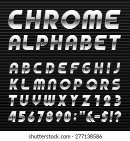 Chrome Alphabet Vector Font.
Type Letters, Numbers And Punctuation Marks.
Metal Effect Italic Letters On Dark Background.