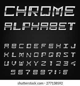 Chrome Alphabet Vector Font.
Type letters, numbers and punctuation marks.
Metal effect italic letters on dark background.