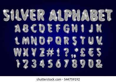Chrome Alphabet Vector Font. Type letters, numbers and punctuation marks. Metal effect letters on dark background.