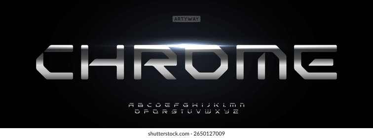 Alfabeto angular cromado, fonte brilhante em negrito, símbolos metálicos futuristas para o logotipo da tecnologia, letras industriais largas ciberesporte design manchete, projeto tipográfico urbano afiado. Tipo de vetor.