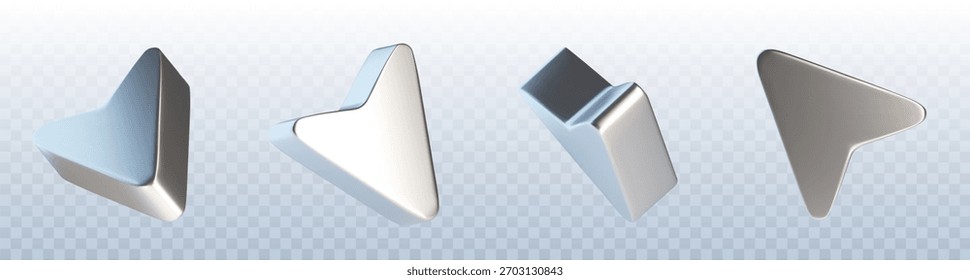 Coleção de seta cromada com acabamento gradiente metálico para navegação moderna e design de interface. Ponteiros direcionais elegantes com brilho prateado e formas triangulares no plano de fundo transparente.