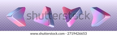 Chrome arrow elements with holographic gradient finish for futuristic interface and navigation design. Iridescent directional pointers with pink, purple and blue metallic sheen on transparent bg.