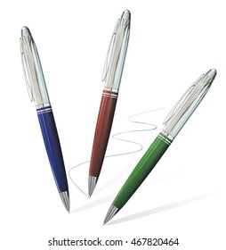 Chrome Ballpoint Pen isolated on white Background as a business symbol. Vector Illustration. Mock Up Template Ready For Your logotype or trade mark. For Your Design. Color, brown, green, deep blue
