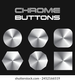 Chrome button set. Collection of various metallic shapes. Radial gradient.