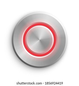 Chrome circle button. Metal silver round 3d icon vector illustration. Shiny circular realistic object on white background. Abstract element with red light.
