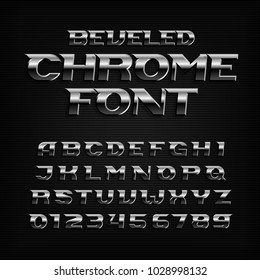 Chrome effect alphabet font. Steel oblique letters and numbers. Stock vector typography for your design.