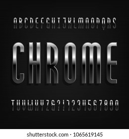 Chrome effect alphabet font. Thin metal letters, numbers and symbols. Stock vector typography for your design.