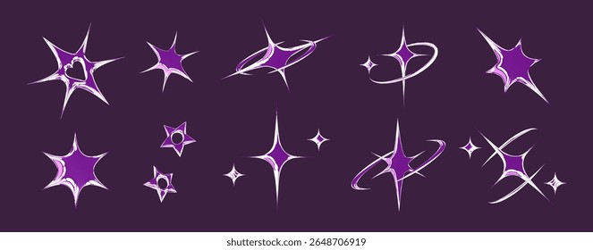 Cromo emoticon estrela conjunto com preenchimentos gradiente roxo metálico, disparando trilhas de cometa, órbitas de redemoinho, cintilações cruzadas e acentos de diamante para design místico y2k ou elemento de decoração digital cósmica