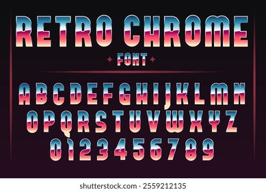 Chrome font. Retro arcade game alphabet in 80s. Metallic effect uppercase letters and numbers. Futuristic typeface. Shiny blue and red ABC. Vector typography alphabetical