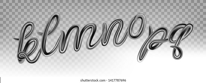 Chrome font set with letters k, l, m, n, o, p, q. Glossy diaphanous grey typeface on transparent background. 3d typography vector illustration.