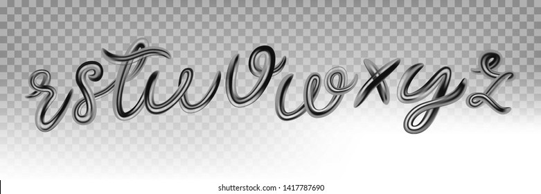 Chrome font set with letters r, s, t, u, v, w, x, y, z. Glossy diaphanous grey typeface on transparent background. 3d typography vector illustration.