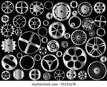 Chrome gears and wheels vector on black background