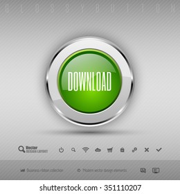 Chrome glossy button with green center. Vector business design elements.