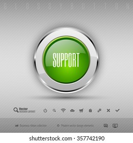 Chrome glossy button with green center. Vector business design elements.