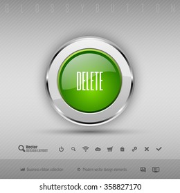 Chrome glossy button with green center. Vector business design elements.
