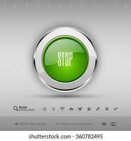 Chrome glossy button with green center. Vector business design elements.