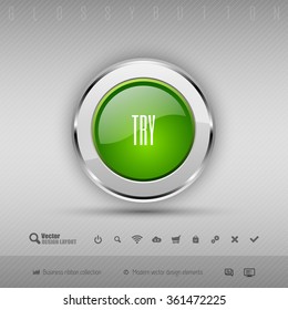 Chrome glossy button with green center. Vector business design elements.